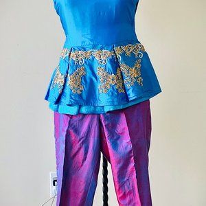100% Pure 2-Tone Silk Purple Blue Peplum Top w Tro
